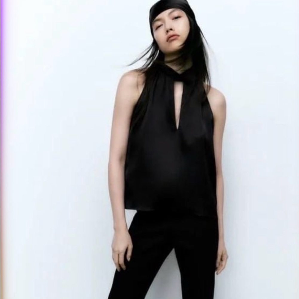 Zara Satin Effect Black Halter Sleeveless Blouse Large Business Party Preppy